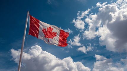 Canadian Flag flailing in the wind. Blue sky with clouds in background