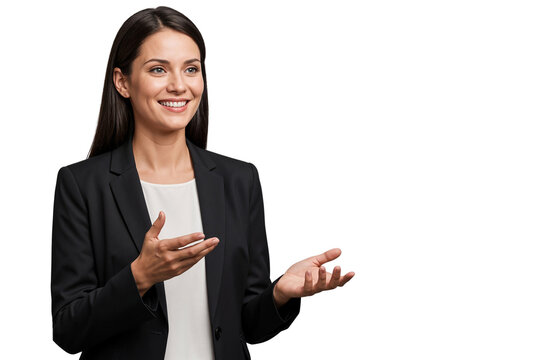Confident business Executive woman explaining with hand gestures, isolated on transparent background. Ideal for presentations, communication, and business concepts
