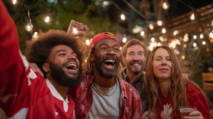 Canadian sports fan celebrating with friends outdoors at night