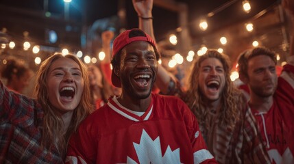 Canadian sports fan celebrating with friends outdoors at night