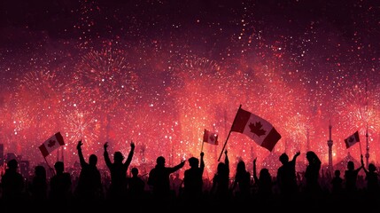 Celebrating canada day silhouettes of crowd holding flag with dazzling fireworks display