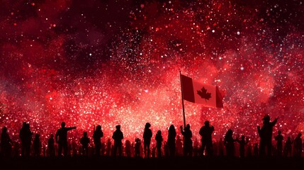 Celebrating canada day silhouettes of crowd holding flag with dazzling fireworks display