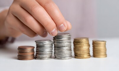 Hands adding coins to stacks of coins, rising columns made from the coins, Generative AI