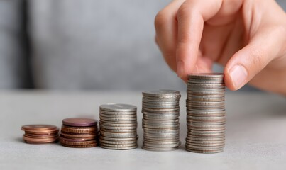 Hands adding coins to stacks of coins, rising columns made from the coins, Generative AI