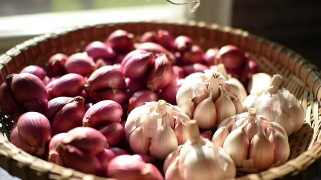 Fresh red onions and garlic in a woven basket under sunlight vibrant food photography for editorial or commercial use