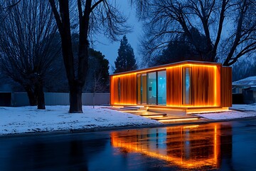 Modern Tiny Home at Night in Snow
