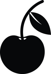 Cherry with leaves fruit flat icon vector, cherry fruit icon, black silhouette vector illustration
