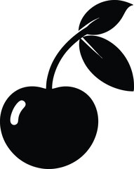 Cherry with leaves fruit flat icon vector, cherry fruit icon, black silhouette vector illustration