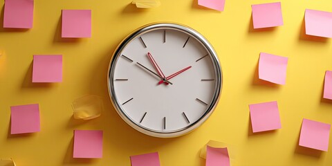 A silver clock with red hands sits on a yellow surface surrounded by pink sticky notes