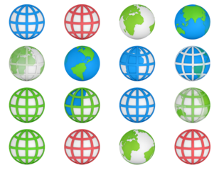 A collection of sixteen colorful globe icons, varying in design and color schemes.  Each globe showcases different map projections and color palettes