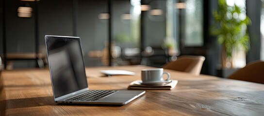 A silver laptop rests on a wood table in a modern, blurred cafe setting, accompanied by a coffee cup and notepad