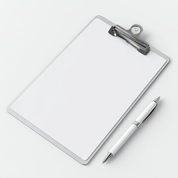 A silver clipboard with a blank white sheet of paper and a white pen rests on a white background