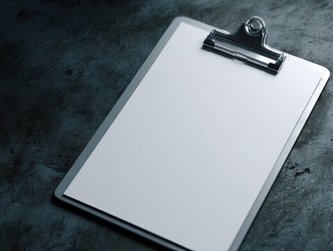 A silver clipboard with a blank white sheet of paper rests on a dark textured surface