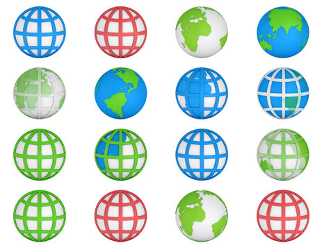 A collection of sixteen colorful globe icons, varying in design and color schemes.  Each globe showcases different map projections and color palettes