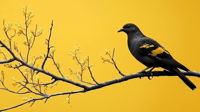 Black bird with yellow wings perched on blooming branch against vivid yellow background
