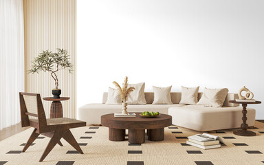 Scandinavian Modern Sofa with Decorative Cushions and Wooden Coffee Table in Living Room - PNG Transparent Background with Shadow – Transparent Wall Mockup with Realistic Shadows – 3D render