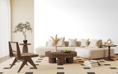 Scandinavian Modern Sofa with Decorative Cushions and Wooden Coffee Table in Living Room - PNG Transparent Background with Shadow – Transparent Wall Mockup with Realistic Shadows – 3D render