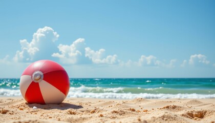 a sunny beach scene with a prominent red and white lifesaver buoy placed at the center right foreground, partially buried in the sand