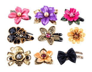 Collection of decorative hair clips featuring floral and bow designs with jeweled accents