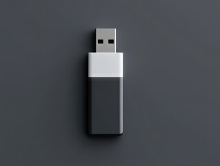 A sleek, rectangular USB flash drive with a white top and dark grey bottom rests on a dark grey background