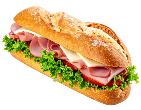 A delicious ham and cheese baguette sandwich with lettuce and tomato