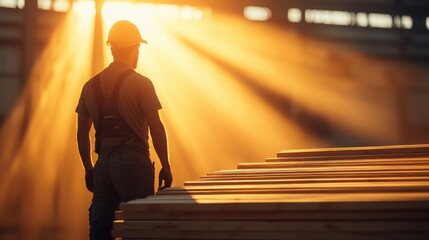 Fototapeta premium Most Cultural Experience Concept. Silhouette of Worker in Hard Hat Overlooking Lumber During Golden Hour in Industrial Setting