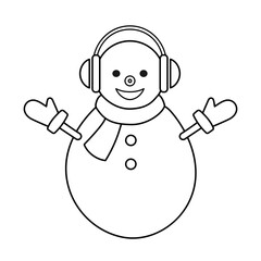 Outline drawing of snowman isolated on a white background. Linear icon, vector illustration. Funny snowman with headphones.