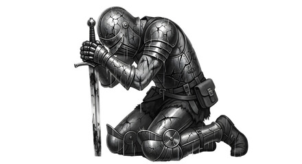 Kneeling Knight in Full Armor Holding Sword with Detailed Texture against Transparent Background