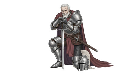 Obraz premium An illustration of an elderly knight clad in shining armor kneels holding a sword with his helmet beside him. The knight wears a maroon cloak and has a grey beard. The background is transparent.