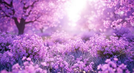 Naklejka premium Enchanting Luminescent Forest Awakening with Violet Hues and Gentle Sunlight Filtering Through Blooming Trees