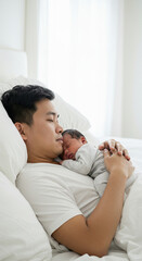 Sleepy Newborn Baby Lies in Crib with Outstretched Arms and Legs, Serene Bedroom Environment, Capturing Tender Family Moments