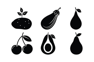 Set of black silhouette illustrations depicting various fresh fruits and vegetables icons