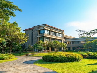 Sunny campus grounds with a large building. Lush landscaping and paved pathways