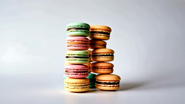 A colorful stack of macarons arranged artistically against a plain background, showcasing variety