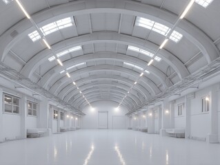 Obraz premium A vast, white, arched-ceiling industrial space with evenly spaced doorways and bright, linear lighting. The polished floor reflects the light