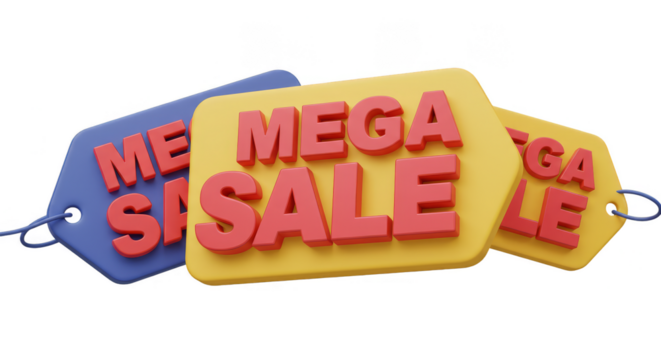 3D Mega Sale Tags With Yellow Red and Blue isolated Background
