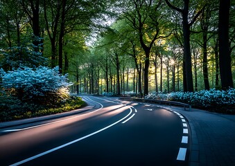 Fototapeta premium Winding road through a sunlit forest