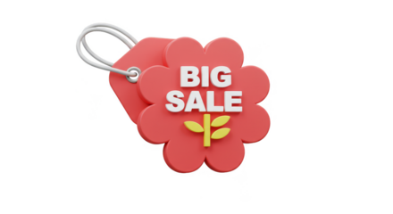 3d Illustration of Big Sale Red Flower Tag Isolated on Transparent Background