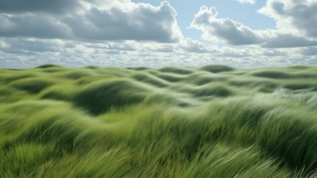 Undulating Meadow and Sky: An expansive and breathtaking view of wind-swept grassland under a dramatic sky, showcasing the dance of nature's elements.