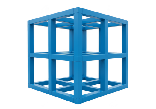3D Render of Blue Cube Grid Structure Framework on Transparent Background