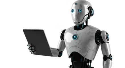 3d Illustration of Smart Robot Holding Tablet on Transparent Background