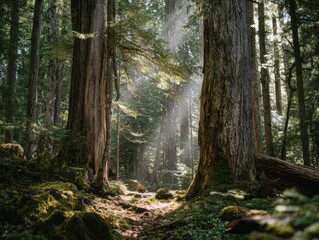 Obraz premium Sunbeams Shining Through An Ancient Mountain Forest
