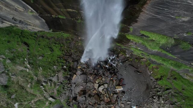 waterfall at north of india, manali kasol region. drone shot