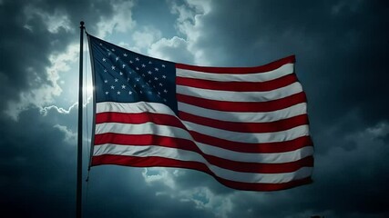 American flag waving in strong wind against dark stormy sky