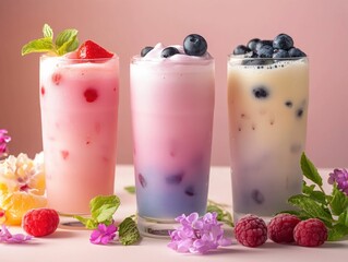 Three colorful, layered drinks with berries and mint