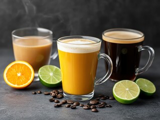 Three different coffee drinks with citrus fruits