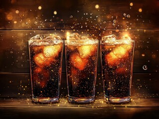 Three glasses of fizzy drink with ice. Sparkling