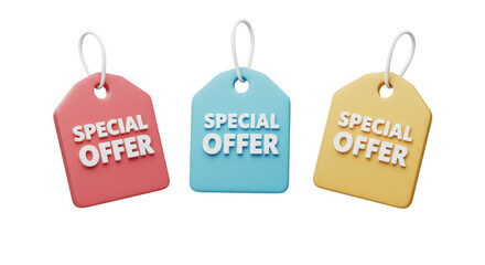 3D Rendering Special Offer Tags In Blue Pink And Yellow Colors