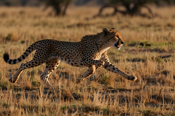 Running tiger in wild jungle at sunset .