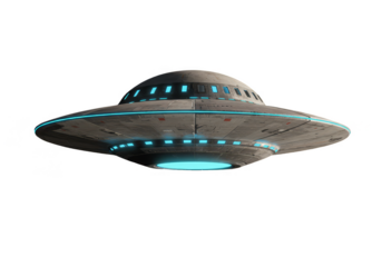 3D Rendering of Silver Ufo Flying Object with Blue Lights on Transparent